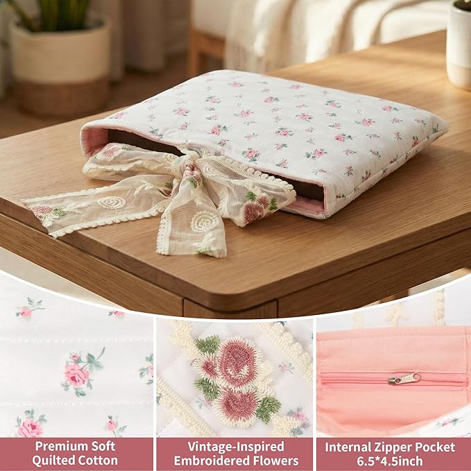 Vintage Pink Rose Quilted Bible Book Bag Cover for Women – Fits Standard Size Bibles Padded Protector Washable Cotton Bag with Elegant Lace Handle with Interior Zipper Pocket