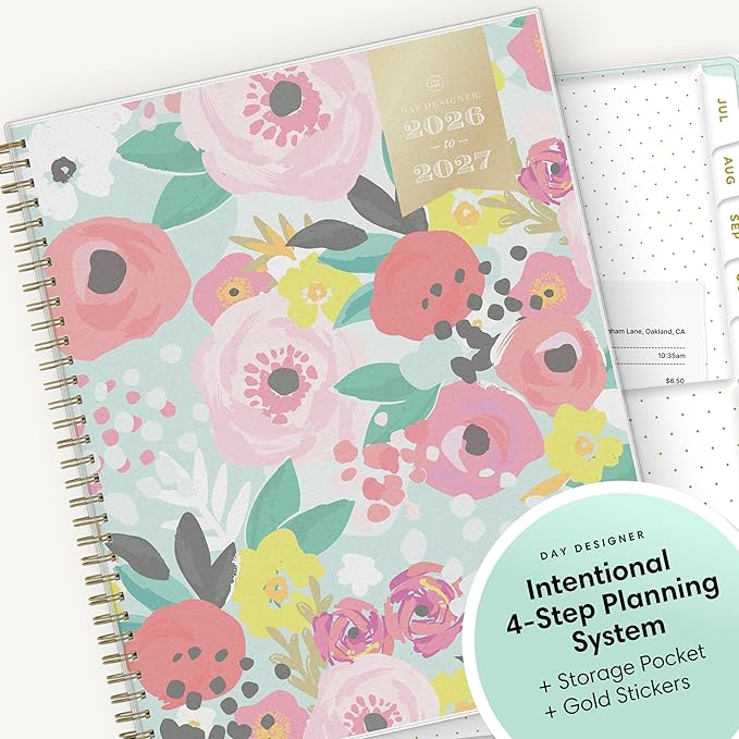 Blue Sky Day Designer 2026-2027 Weekly and Monthly Academic Year Planner Calendar, July 2026 - June 2027, 8.5" x 11", Flexible Cover, Laminated Tabs, Storage Pocket, Includes Stickers, Secret Garden Mint