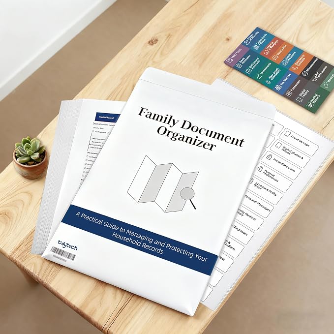 Family Document Organizer Guide, Filing System with Step-by-Step Instructions for Estate Planning, Personal Records, Next of Kin Kit (18 Category Labels and 97 Sub-Labels)