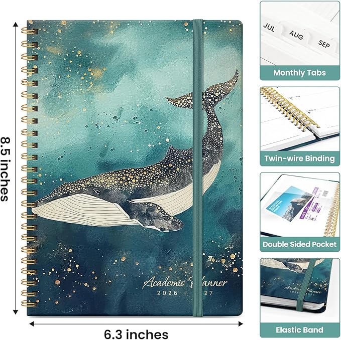 Planner 2026-2027, Academic Monthly and Weekly Calendar Planner for Women, July 2026 - June 2027, Hardcover Pretty Agenda Planner Book with Tabs, Spiral Daily Organizer for School Office Home Supplies, 6.3" x 8.5" - Whale Dreams
