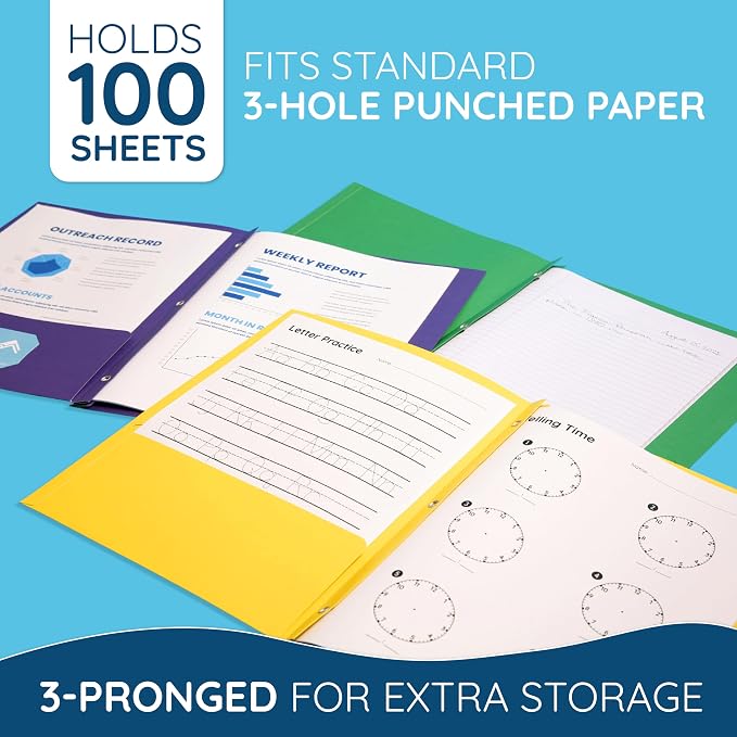 Blue Summit Supplies 50 Two Pocket Folders with Prongs Bulk, 3 Prong Folders with Pockets Bulk, Paper 2 Pocket, Designed for Office and Classroom Use, Assorted 5 Colors