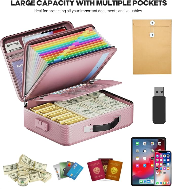 Fireproof Document Box, Hard Case Highly Flame-Resistant Fire Proof Waterproof File Organizer with Lock, Portable Fire Safe for Important Documents & Valuables Storage (Pink, ‎14"*11"*5")