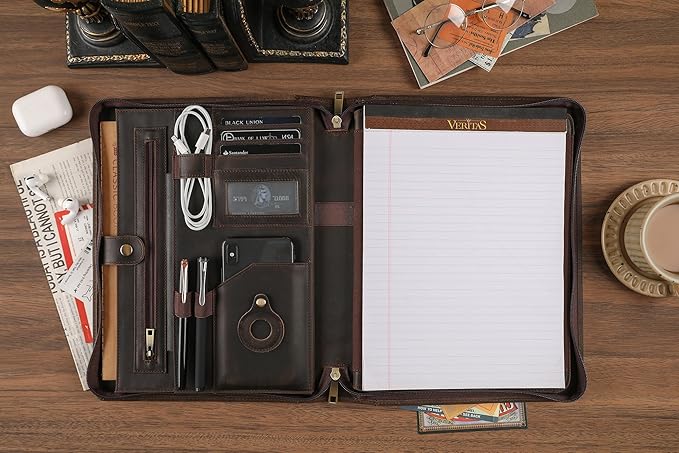 Leather Portfolio for 13 inch iPad Pro M4 (2024), Business Tablet Portfolio for Men, Personalized Padfolio, Engraved Portfolio Folder for A4 Notepad (Dark Khaki, Custom)
