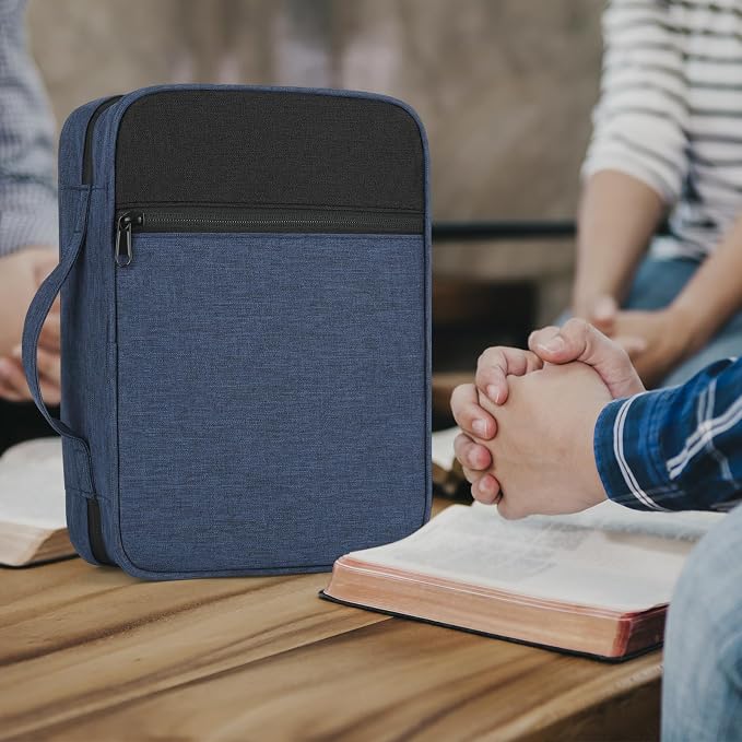 GERMUN Bible Cover with Durable Handle, Carrying Book Case Church Bag Bible, Protective with Zippered Pocket, Bible Study Accessories Supplies, Book Protector for Book Lovers, BlueBlack
