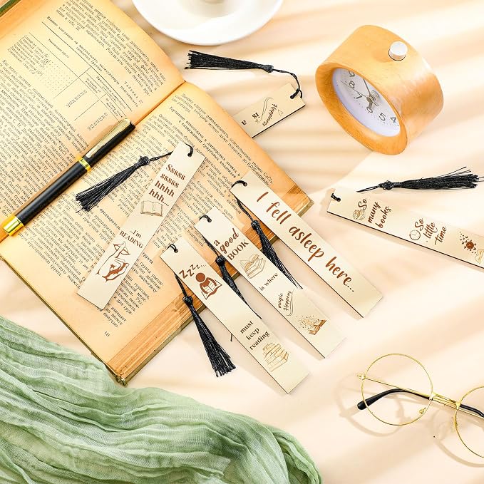 Colarr 12 Pcs Wood Bookmarks for Woman Book Club Gift for Book Worms Books Lovers Bookmarks Bulk with Tassels for Reading Party Favors Books Exchange Club Men & Women Friends(Charming)