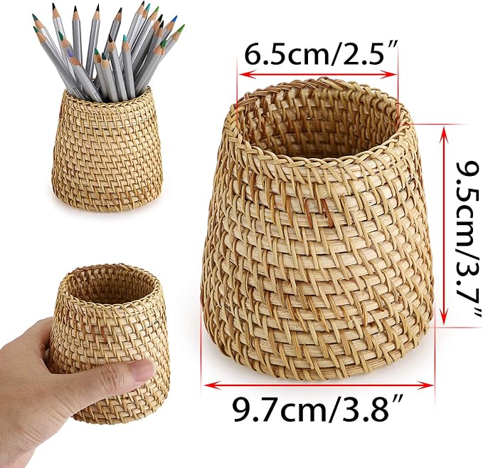BTSKY Rattan Pen Cup, Handmade Desk Pencil Holders Makeup Brush Holder Multi-Functional Woven Basket Office&Home Desktop Organizer(Cone)