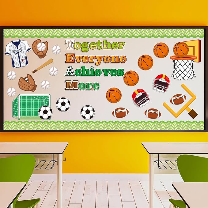 77Pcs Team Spirit Sport Bulletin Board Decoration Back to School Set Together Everyone Achieves More Basketball Football Cutouts Name Tags Motivational School Chalkboard Wall Door Supplies