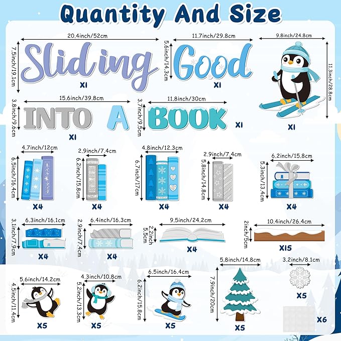 TICIAGA 79Pcs Winter Penguin Sliding Into A Good Book Bulletin Board Set, Winter Penguin Bookshelf Cutouts Trim Border for School Library Learning Classroom Chalkboard Wall Christmas Decorations