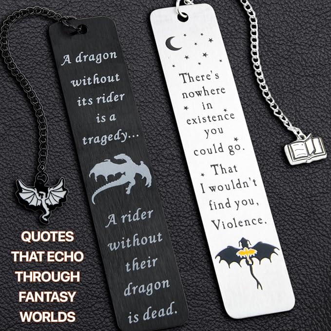 Dragon Metal Bookmarks – Set of 2 Engraved Fantasy Bookmark with Charms, Cool Bookmarks for Women and Men, Bookish Quotes Gifts for Readers, Magical Academy Book Accessories (Style 1)