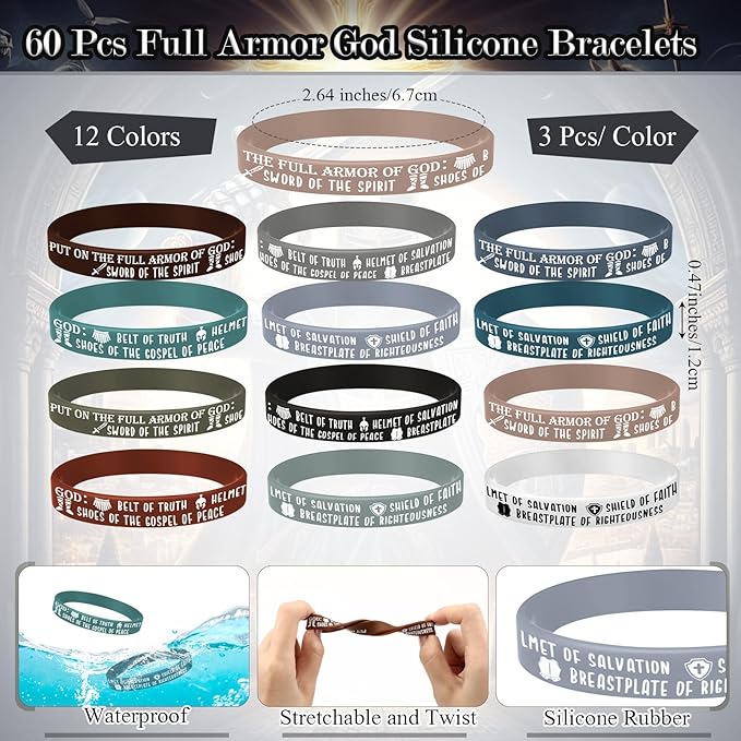 Wavwavw 60 Sets Put on The Full Armor of God Gifts Bulk Christian Pastor Bible Verse Wristband Bracelets Bookmarks Templar Knight Religious Supplies for Sunday School (Multicolor)