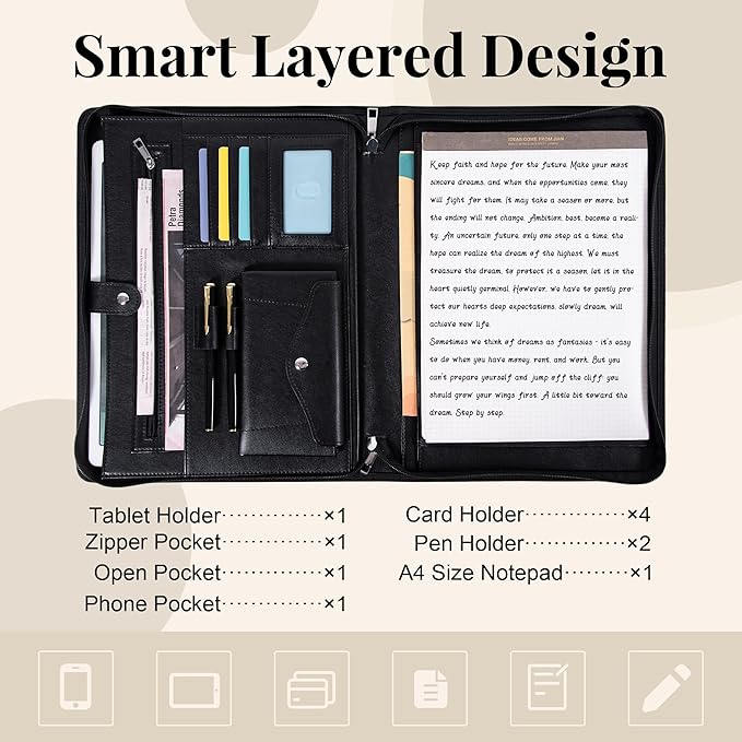 Calfinder Portfolio Binder, Portfolio with Handle and Zipper, Leather Portfolio for Men Women,Portfolio Organizer for A4 Letter Size Notepad, Business Card Holder,Padfolio for Business, School, Work