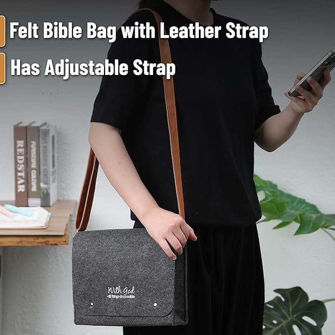 Mr. Pen- Felt Bible Cover Case, Medium Size, Felt Carrying Book Case with Leather Straps, Bible Protective Church Bag for Men & Women, Christian Gifts, Gray