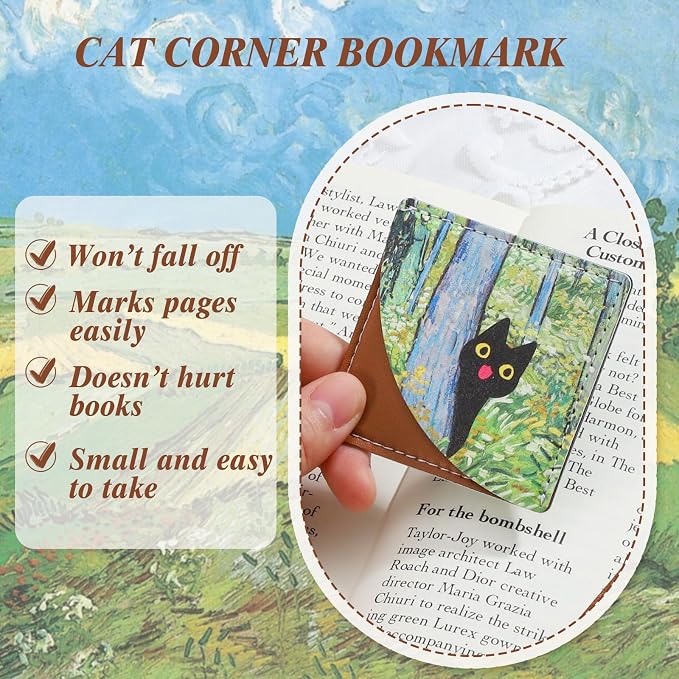 6Pcs Black Cat Corner Bookmark, 2.76 x 2.76in PU Leather Bookmarks, Cute Bookmarks for Women, Mothers Day Gifts, Reading Book Page Markers for Book Lovers Gift, Student, Teacher