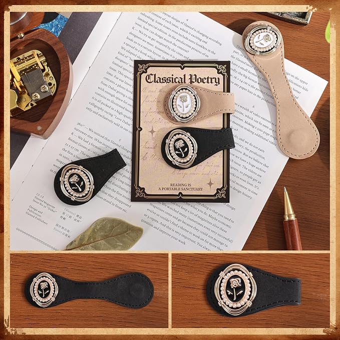 2PCS Magnetic Bookmarks with Pen Clip, Leather Bookmarks for Women, Magnetic Pen Holder Book Accessories, Gold Rose