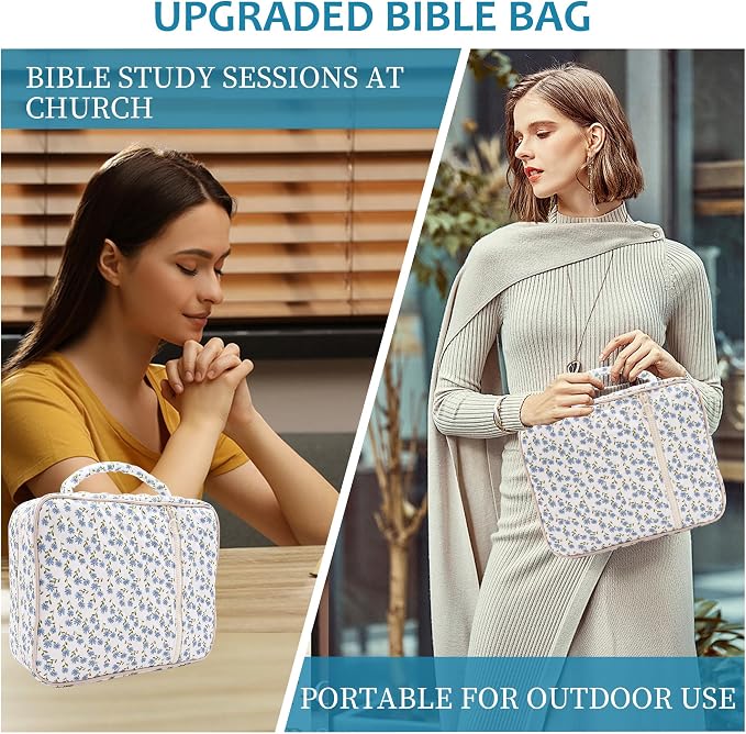 Large Bible Cover Case for Women,Quilted Bible Bag with Sturdy Handle,Bible Carrying Case for Girls Bible Study Supplies (Blue Flower, Large)