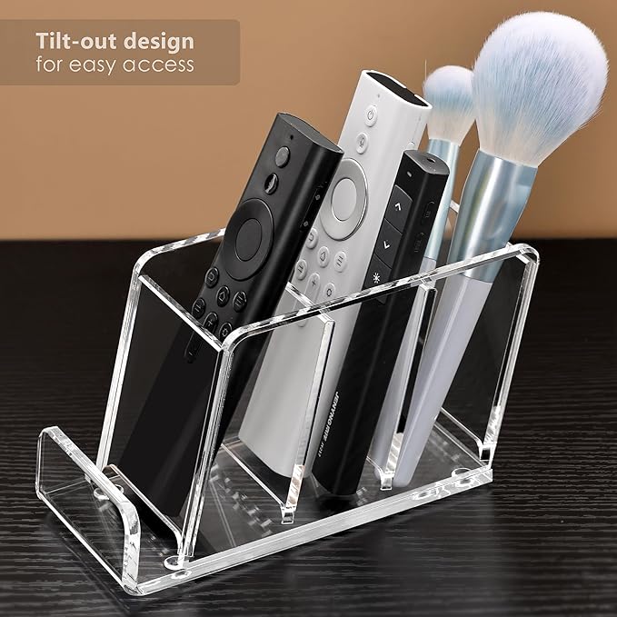 Acrylic Remote Control Holder, 4 Compartments TV Remoter Caddy Desktop Organizer Makeup Brush Holder Storage Fits TV Remotes, Media Controllers, Office Supplies(Clear)