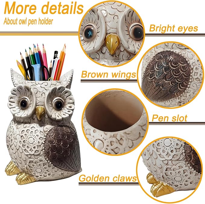 MUAMAX Owl Pen Holder, Owl Pencil Holder for Desk, Makeup Brush Holder Resin Resin Desk Organizer Decorative Accessories, Cute Pencil Cup Pot Desktop for Office Supplies, Classroom, Home