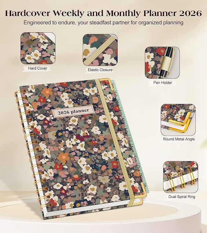 2026 Planner, Hardcover Weekly and Monthly Planner for Women, January 2026 - December 2026, Spiral Yearly Agenda Organizer Book 2026 with Tabs, Daily Calendar Planners for School Work Home, A5 (5.75" x 8.38"), Petals