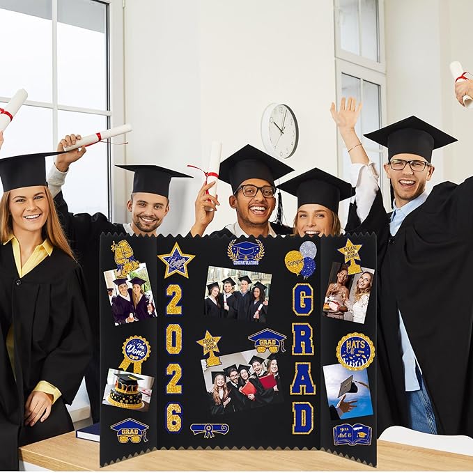 AmazingSpark 4 Sets Graduation Photo Display Board Trifold Poster Board with 12 Graduation Themed Stickers for 2026 Grad Party Decoration Picture Collage Frame Supplies (24 x 16,Blue Gold)