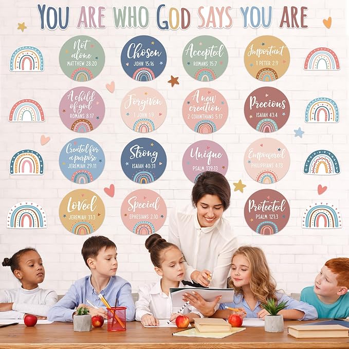 Christian Bulletin Board Decoration Religious Boho Rainbow Bulletin Board Set God Says You are Church Classroom Wall Decor Boho Motivational Inspirational Cutout for Sunday School Home Church Supplies