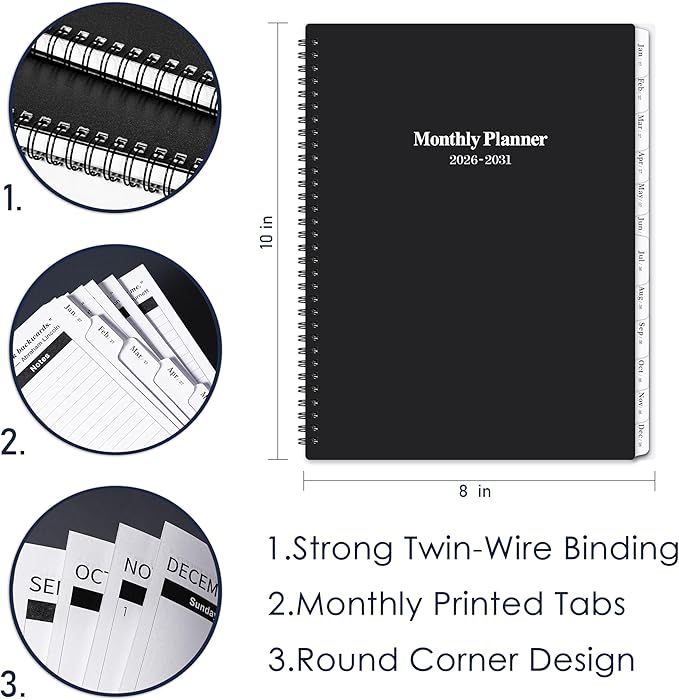 2026-2031 Monthly Planner/Calendar - Jul 2026 - Jun 2031, 5 Year Monthly Planner with Tabs & Celebrity Quotes, 9" x 11", Famous Quotes, Two-Side Pocket, Suitable for Long-Term Planning, Black