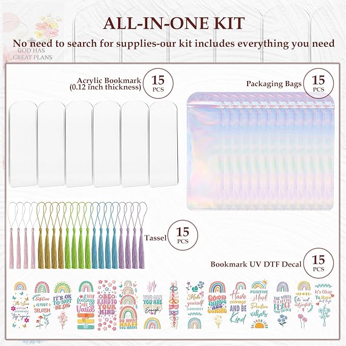Dazoratix Acrylic Bookmark Making Kit - 60 Pcs Cute Clear Bookmarks Blanks Inspirational Reading Accessories Colorful Floral UV DTF Valentines Stickers Tags for Women Kids Book Lovers DIY Craft Gifts