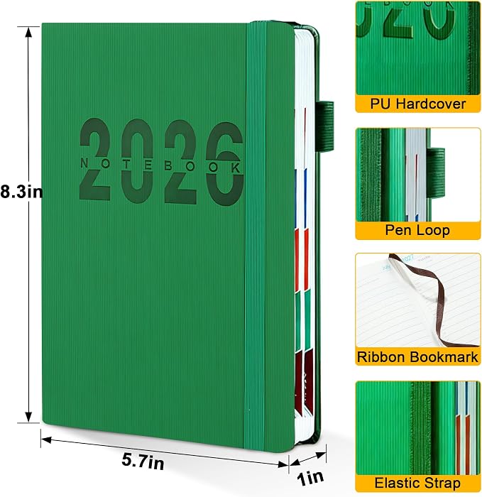2026 Weekly Monthly Planner A5,Jan-Dec 2026 Hardcover Lay Flat Calendar Notebook, Teacher Office School Academic Organizer Planner 5.7×8.3 Inch,Dark Green