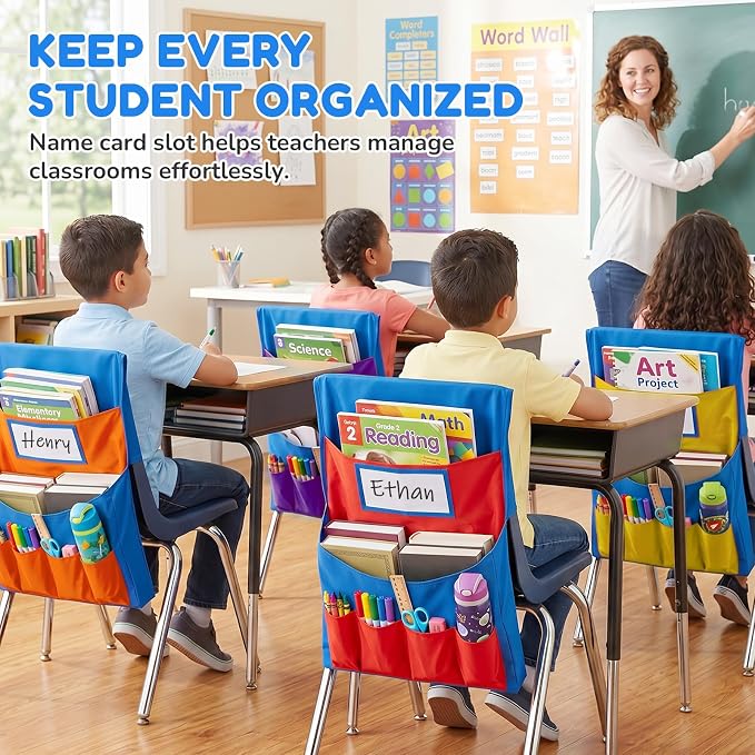 JoyCat 8 Pack Classroom Chair Pockets for School Chairs, 6 Pocket Student Chair Storage Organizer with Name Tag Holder, Colorful Chair Bags for Classroom & Homeschool Supplies