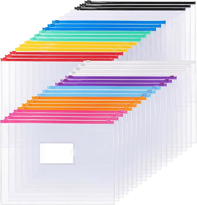 EOOUT 36pcs Plastic Envelopes Poly Zip Envelope Clear Zipper Pouches File Folders, A4, Letter Size, 11 Colors, for School and Office Supplies