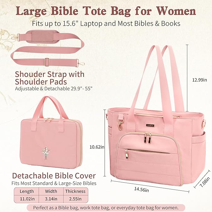 Large Bible Bag for Women, 2-in-1 Bible Tote with Detachable Embroidered Bible Cover & Study Supplies, Church Bible Study Bag, Gift-Ready Christian Gift for Women (Pink)