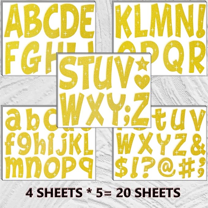 260 PCS Bulletin Board Letters 4 Inch Glitter Large Sticker Letters for Bulletin Board Self-Adhesive Alphabet Poster Board Letter for Classroom Home School Decor(Gold)