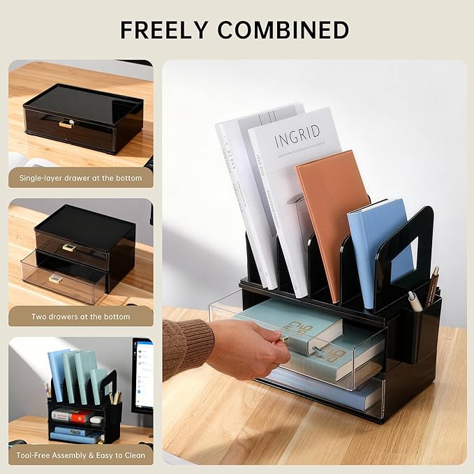CiWiVOKi Desk Organizer with 4 File Holder Slots, 2 Clear Drawers & Dual Pen Holders, Sturdy Multi-Functional Desktop Storage for Home Office, Mail Sorter & Caddy, Black