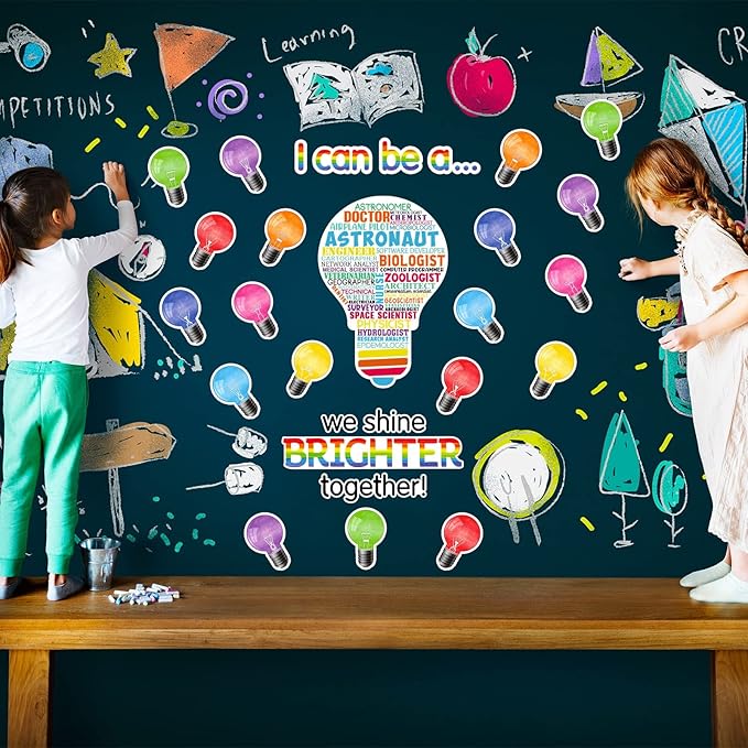 Zonon 49 Pcs Careers Poster for Classroom Science Bulletin Board Decoration Stem Classroom Decor for Elementary Pre School Educational Light Bulb Cutouts Tags(Colorful Background)