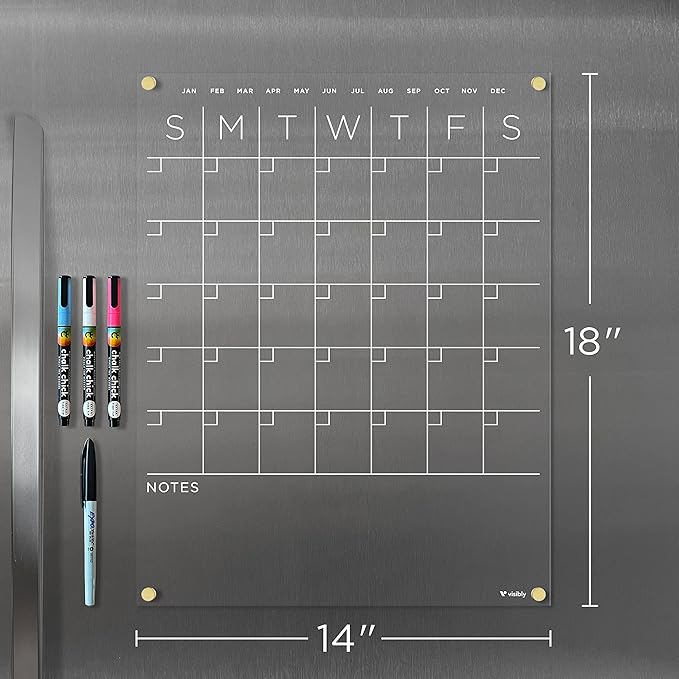 Magnetic Acrylic Month & Notes Calendar for Fridge, 14” x 18” Clear Refrigerator Planning Board, Includes 4 Magnetic Wet-Erase Markers, Black Corner Magnets