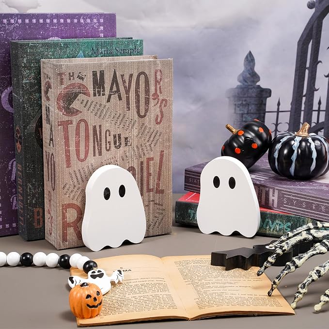 JarThenaAMCS 2Pcs Halloween Wood Bookends White Ghost Shape Wooden Book Stands Cute Ghost Non Skid Book Stoppers for Heavy Books Home School Office Library