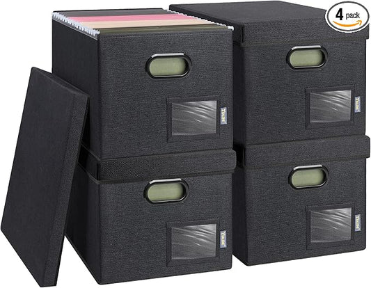 BALEINE File Organizer Box with Lid, Collapsible File Folder Organizer with Plastic Slide, Filing Box for Office Home Document Organizer Storage (Black, 4PK)