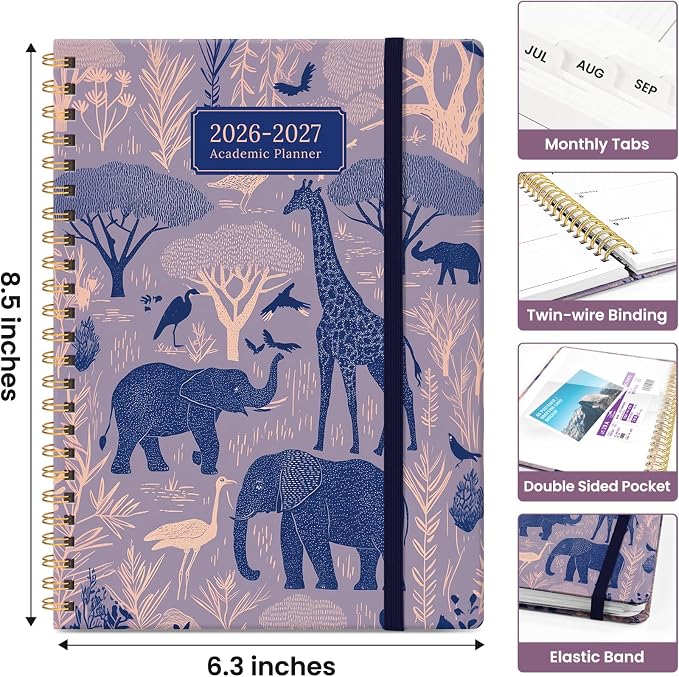 Planner 2026–2027, Academic Year Monthly & Weekly Calendar Book, Jul 2026–Jun 2027, Hardcover Organizer with Tabs, Student & Teacher Planner, 6.3" x 8.5", Savanna Tales