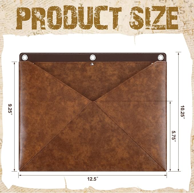 Huhumy Rustic Wall File Organizer Full Grain Leather Vintage Holder for Documents 3 Ring Binder Wall Mounted File Holder Hanging Leather Portfolio Organizer for Office Mail Letters Invoices Envelopes