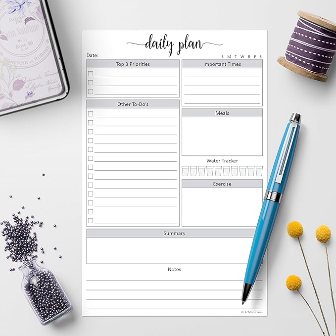 321Done Daily Planning Notepad - 50 Sheets (5.5" x 8.5") - Day to Do List Planner Today Checklist Tear-Off Note Pad - Made in USA - Simple Script