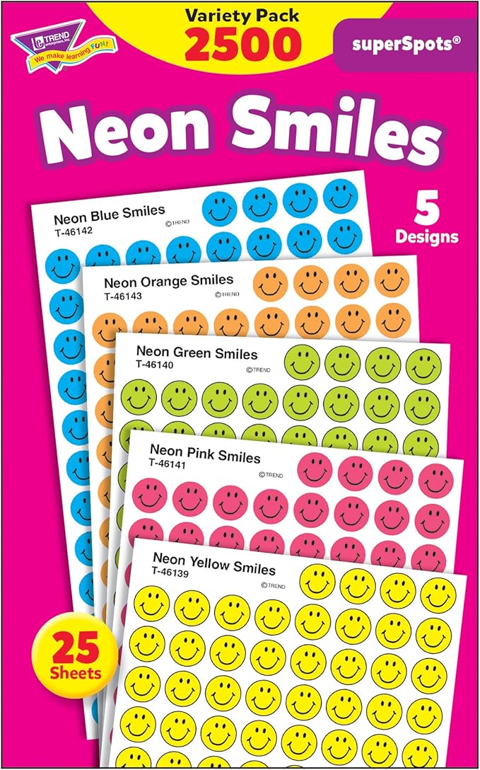 TREND ENTERPRISES: Neon Smiles, superSpots Stickers, Great on Homework, Incentives, Crafts and as Collectibles, 5 Different Designs, 25 Sheets Included, For Ages 3 and Up