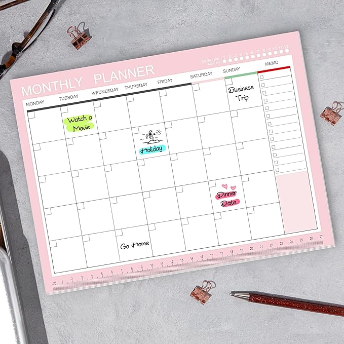 Phyxin Undated Planner, 54 Sheets Blank Calendar, 11.2" x 8.3" Monthly Calendar Planner, Tear Off Undated Monthly Planner with Memo for Women, Students, Teachers, Pink