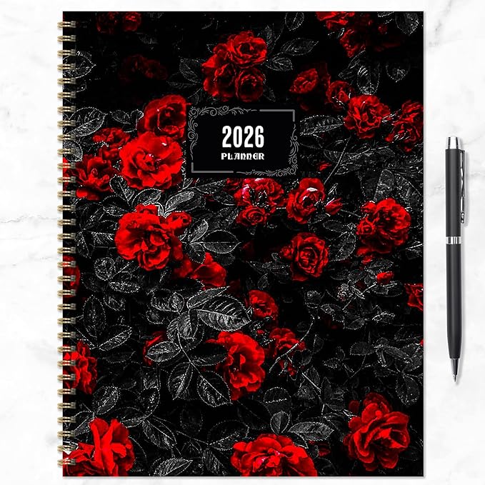 TF Publishing 2026 Red Roses Large Weekly Monthly Planner with 12-Month Calendar Grid, Goals and Task Trackers, Notes Section, and Stickers - Large Planner for School or Work - 9in x 11in