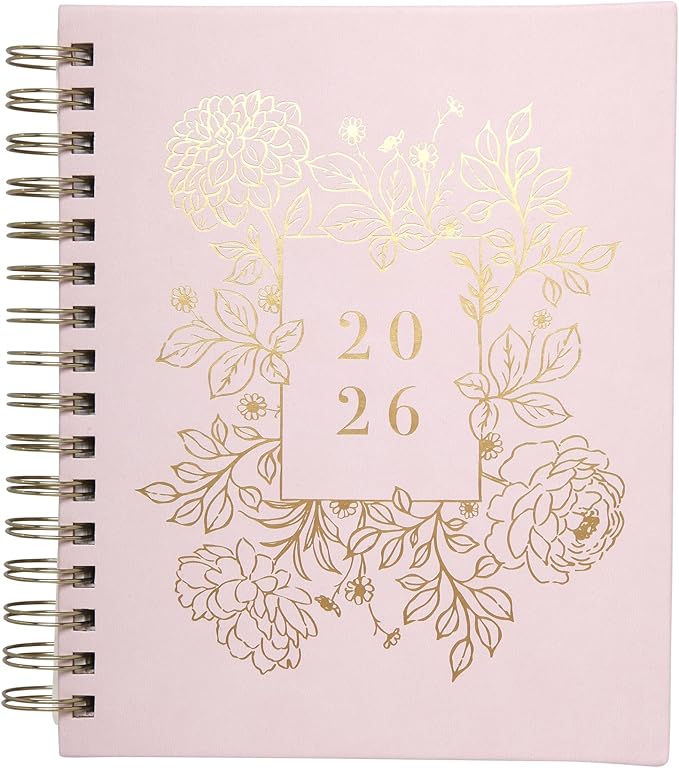 WORLD TRAVELER 2026 Planner Weekly and Monthly - 7'' x 8.75'' Hard Cover January December Spiral Daily Planner 2026 To Do List, Size 7X8.75, White/Golden Peony