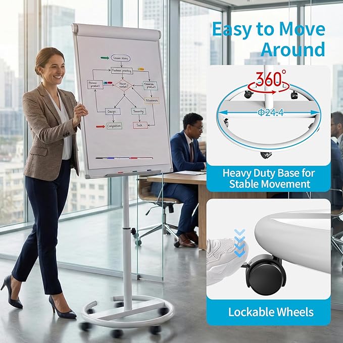 Mobile Whiteboard on Wheels 36 x 24 Inch-Rolling Magnetic Dry Erase Easel Board with Flipchart 25 Sheets Paper Pad - Height Adjustable Standing Easel for Meetings, Classes, Workshops
