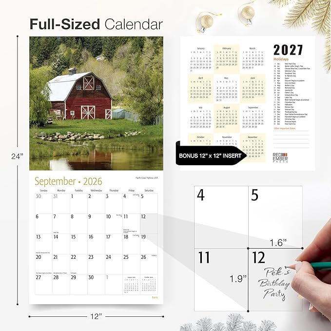 RED EMBER Select - Barns 2026 Wall Calendar 12 Month | 12" x 24" Open | Thick & Sturdy Paper | Giftable | Farm Calendar 2026