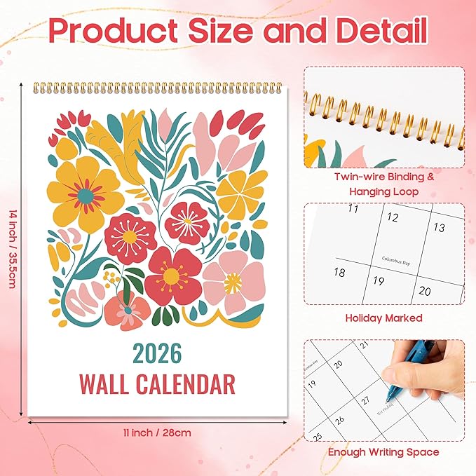 JAPBOR Wall Hanging Calendar 2026-12 Months Hanging Calendar Planner, Aesthetic Floral Flower Abstract Design Weekly Monthly Organizer for Home Office Living Room 2025-2026 (14" x 11")