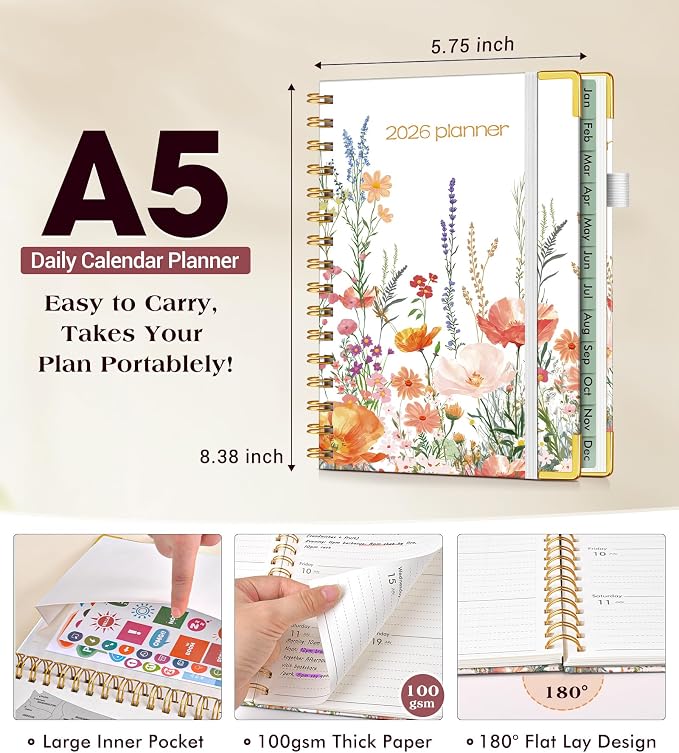 2026 Planner, Hardcover Weekly and Monthly Planner for Women, January 2026 - December 2026, Spiral Yearly Agenda Organizer Book 2026 with Tabs, Daily Calendar Planners for School Work Home, A5 (5.75" x 8.38"), Petite Blooms