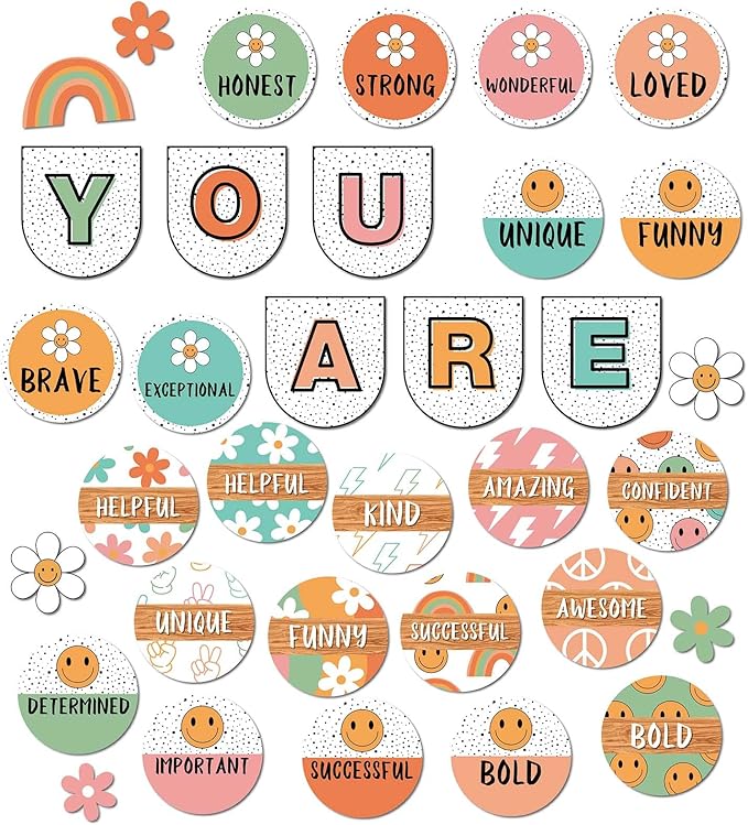 JarThenaAMCS Boho Affirmation Station Bulletin Board Set Retro Motivational Inspirational Paper Cutouts with Glue Points Positive Growth Mindset Decor for Back to School Students Classroom Home