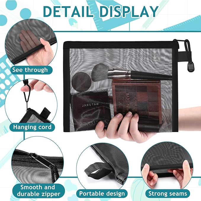 15 Pcs Mesh Zipper Pouch Bags,Black Makeup Bags,Zipper Nylon Mesh Pouch,Nylon Mesh Cosmetic Bags,Portable Makeup Pouches Organizing for Travel and Office Supplies(Black, 8.8x 7 Inch)