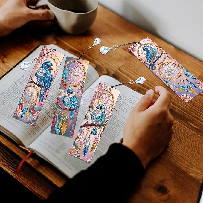 4 Pcs DIY 5D Diamond Painting Bookmark Kits for Adults, Acrylic Crystal Rhinestones Book Marks, Dreamcatcher Bluebird Diamond Art Bookmarks with Crystal Pendant, Handmade Tassel Bookmarks Gift Set